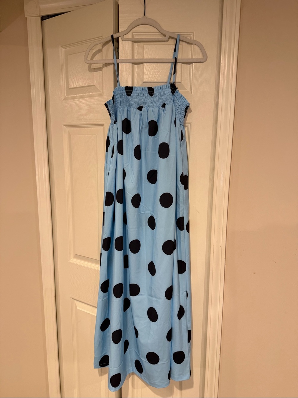 Amazon Blue Maxi Dress with Black Polka Dots